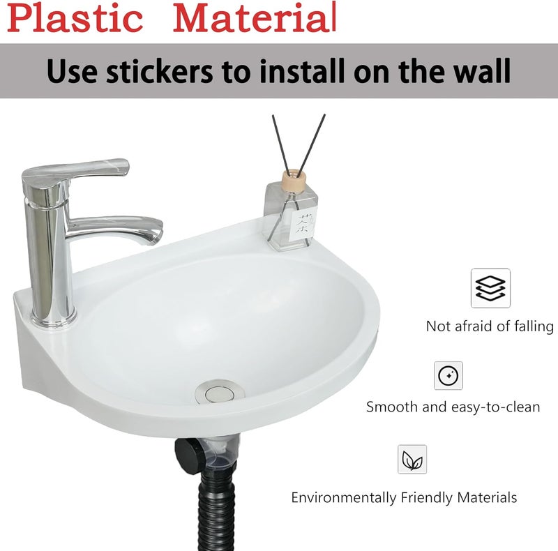 shawoo Small Bathroom Sink Wall Mount Bathroom Sink Wash basin, No-Drill Installation Self-Adhesive Sink 15.7 x 11 Inch with 1.26/0.86 Inch Faucet Hole, Mini Rv sink Plastic Sink for Home, Dorm, Garage - Image 3